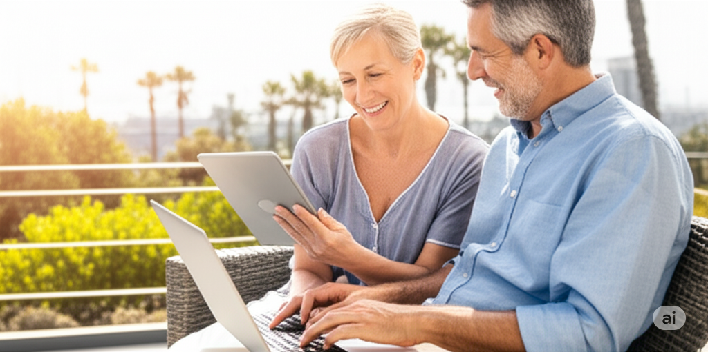 Happy mature couple sitting together outdoors, woman holding tablet and man using laptop, representing couples planning their 401(k) to Bitcoin IRA rollover in a relaxed retirement setting