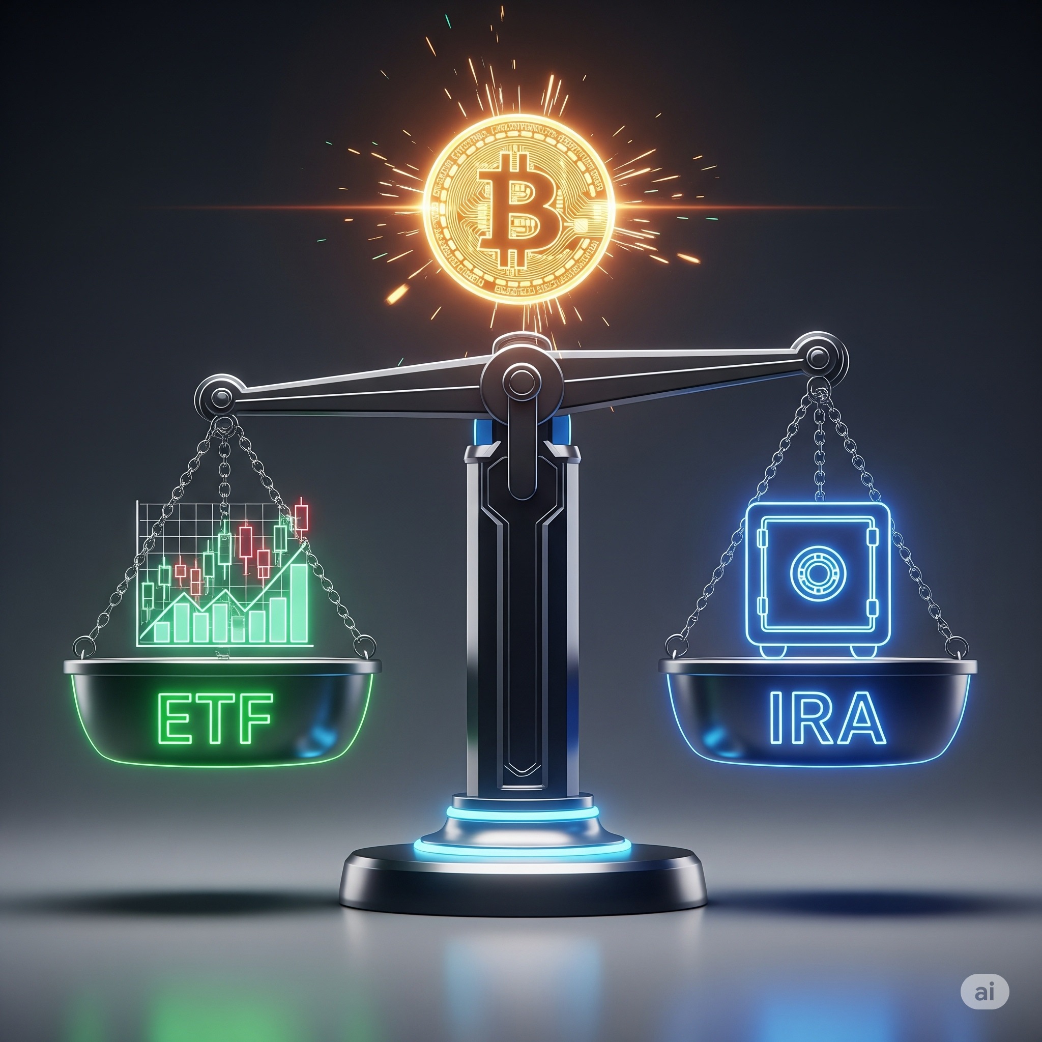 Bitcoin ETF vs IRA comparison - Balance scale showing ETF with trading charts on left and IRA with secure vault on right