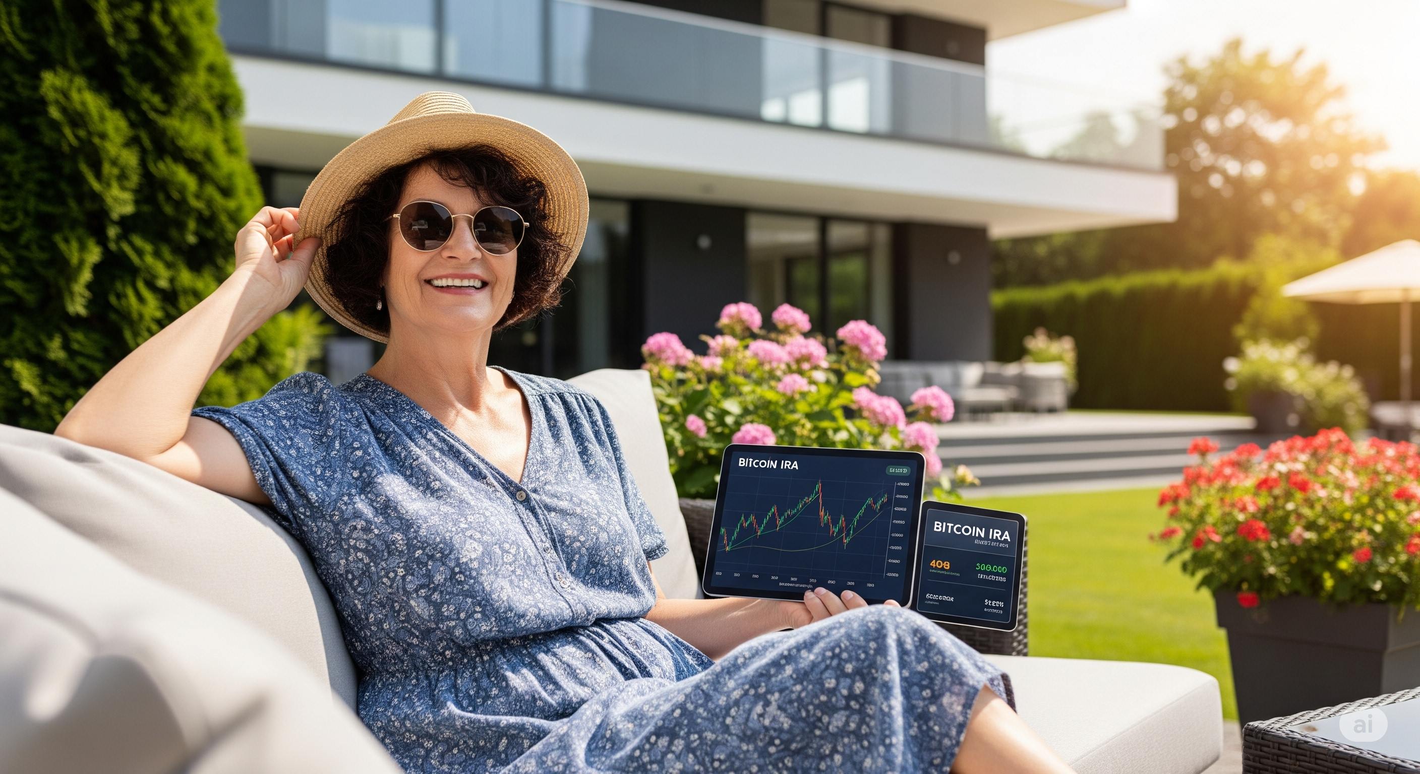 Confident woman relaxing outdoors while managing her Bitcoin IRA investments on a tablet, representing the lifestyle and financial freedom that crypto retirement planning can provide