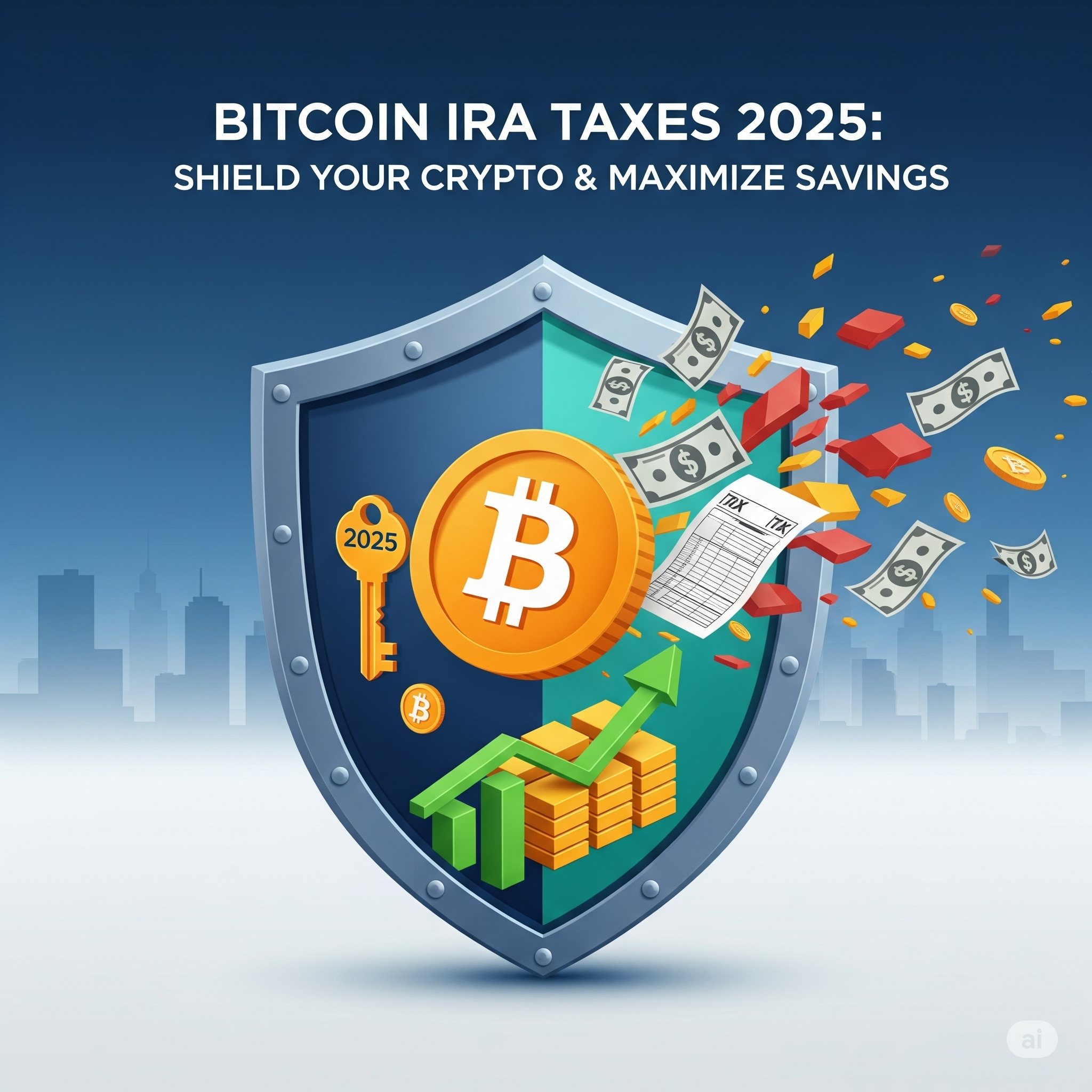 Bitcoin IRA Taxes 2025 - Shield protecting Bitcoin from taxes with dollar bills, tax forms, and growth charts